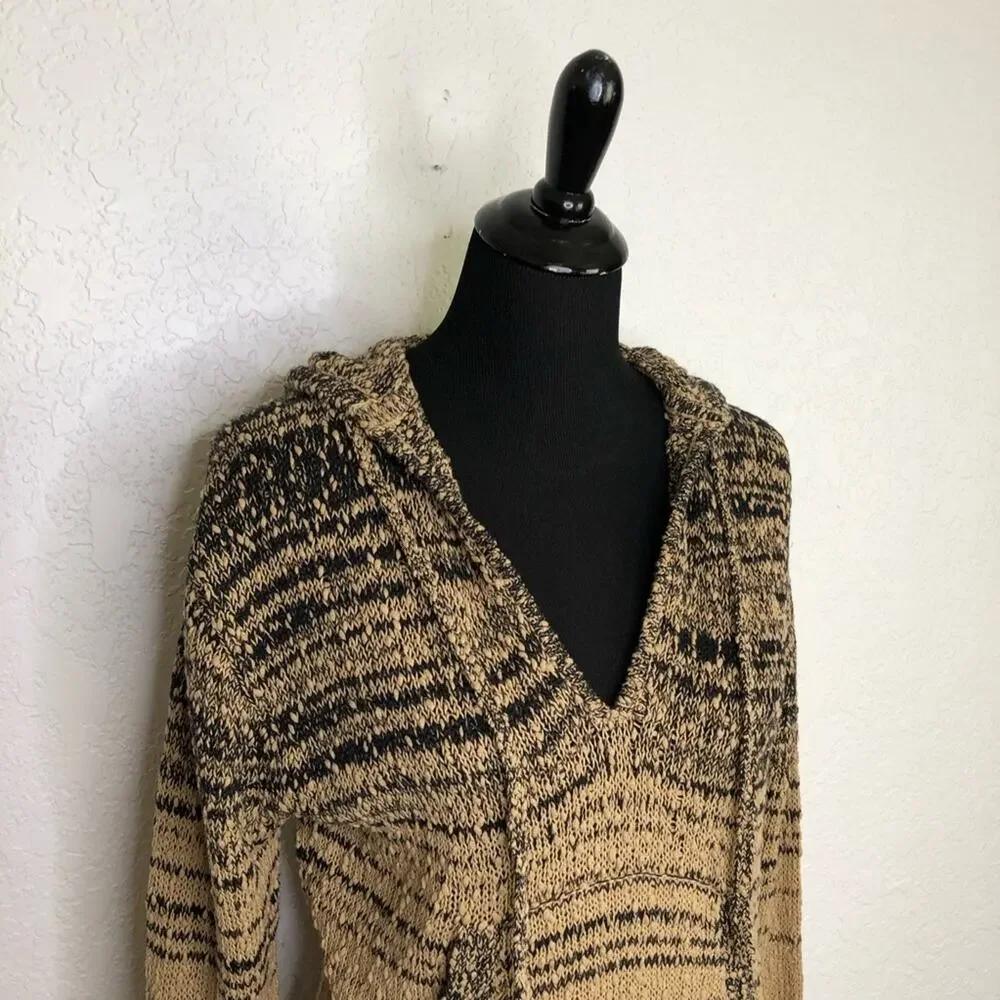 J Crew tan black striped knot knit hooded sweater size XXS